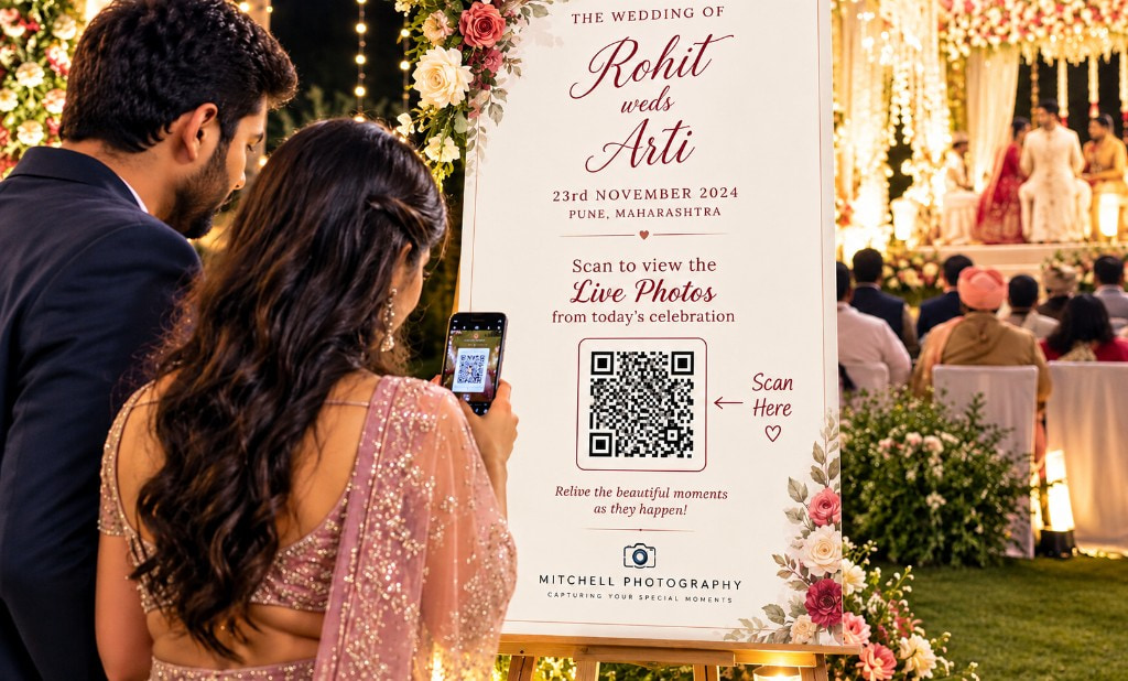 Guests scanning a live gallery QR stand at a wedding